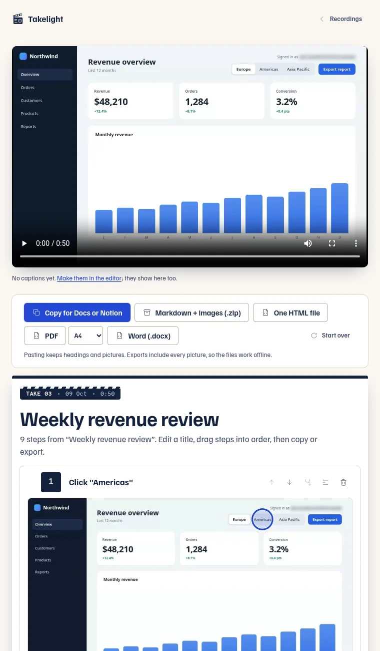 The step guide page: buttons to copy for Docs or Notion and to export Markdown with images, one HTML file, a PDF or a Word file, the title Weekly revenue review, and step 1, Click Americas, with a picture and a ring on the button.