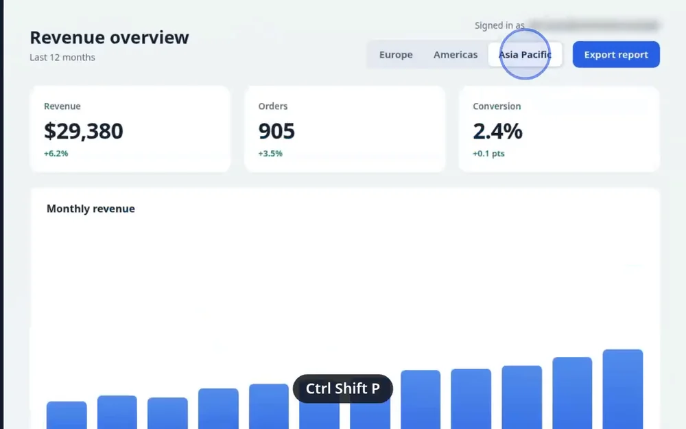 A frame from a recorded dashboard. The view has zoomed in on the top right, a blue ring marks the Asia Pacific button that was clicked, and a Ctrl Shift P key label sits at the bottom.